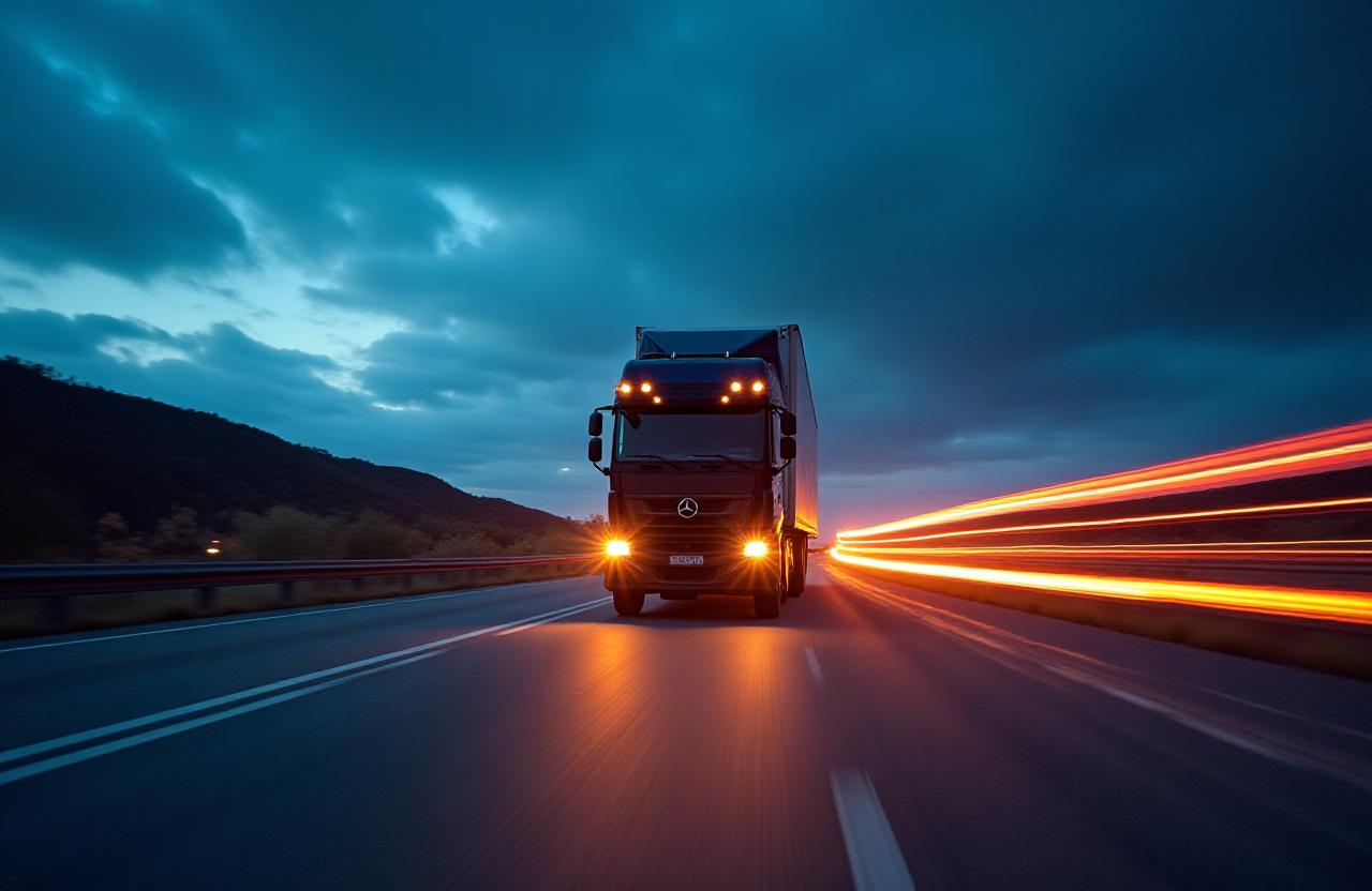 Expedited shipping truck on a night highway